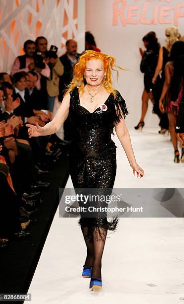 Vivienne Westwood walks down the runway during the Fashion For Relief LFW Spring Summer 2009 fashion show, at the BFC Tent on September 17, 2008 in...