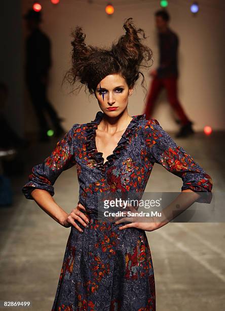 Model showcases designs on the catwalk by Michael Pattison as part of the Coco Ready to Wear show on the third day of Air New Zealand Fashion Week...