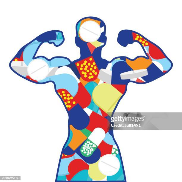 ilustraciones, imágenes clip art, dibujos animados e iconos de stock de la silueta de un atleta musculoso de tabletas y cápsulas de dopaje. - doping