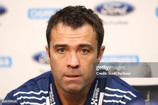 Chris Scott, coach of the Cats speaks to the media during a Geelong Cats AFL training session at Simonds Stadium on August 10, 2017 in Geelong,...