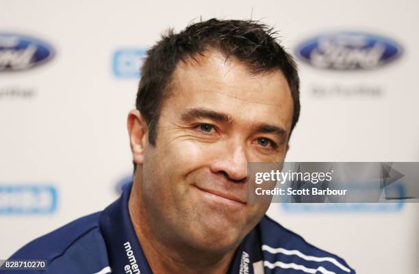 Chris Scott, coach of the Cats speaks to the media during a Geelong Cats AFL training session at Simonds Stadium on August 10, 2017 in Geelong,...