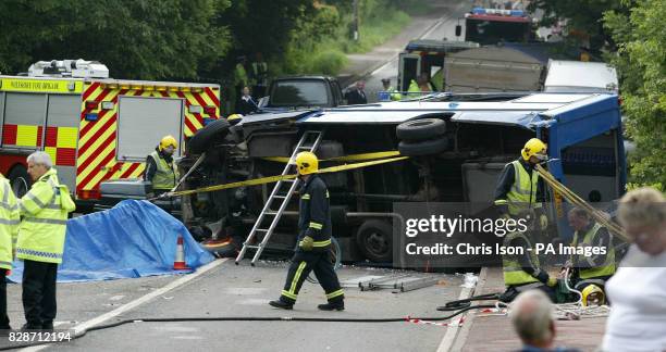 Police and Fire officers investigate the scene of an eight vehicle crash on the A36 near West Wellow, Hampshire. At least one person died in the...