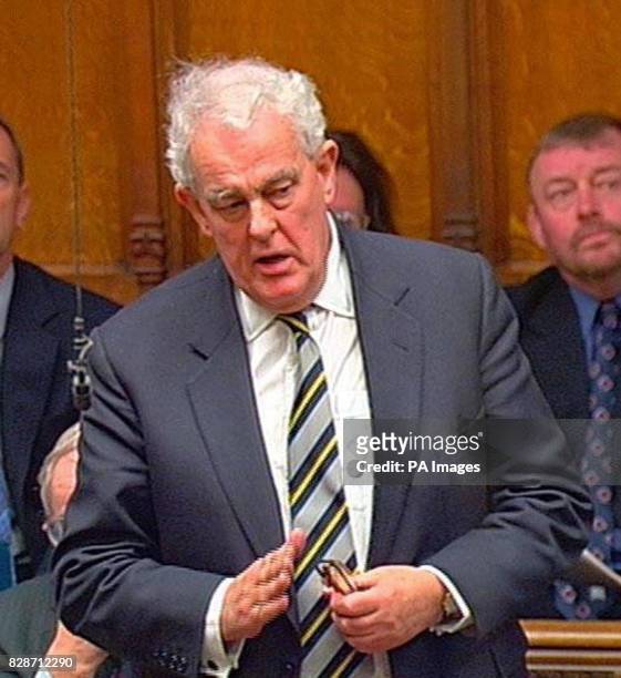 Tam Dalyell, the father of the House, puts a point to Prime Minister Tony Blair in the House of Commons during his regular weekly session of...