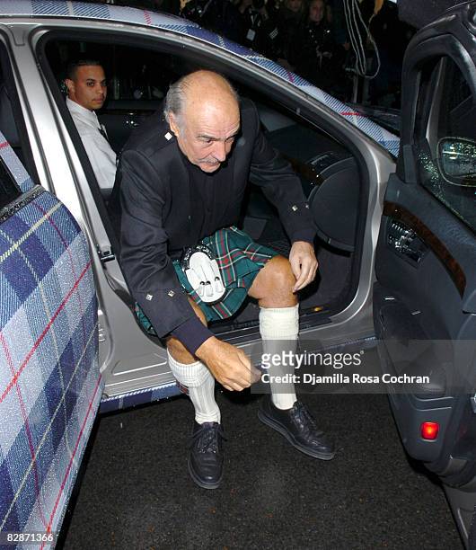 Sir Sean Connery getting out of Tartan wrapped Mercedes Benz 2007 S Class