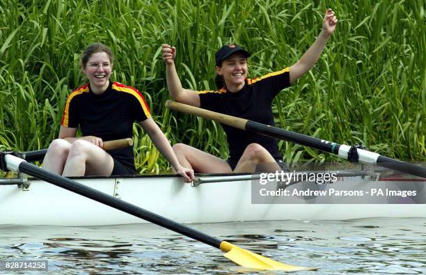 The Start of the 2003 May Bumps on The River Cam in Cambridge ,Girls from Clare Hall celebrate getting bumped in the 3rd Womans Division race ....