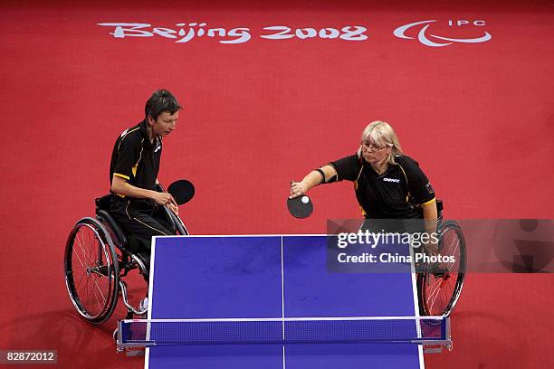 Andrea Zimmerer and Monika Sikora Weinmann of Germany compete in the Women's Team - Class 4/5 Table Tennis match between Andrea Zimmerer, Monika...