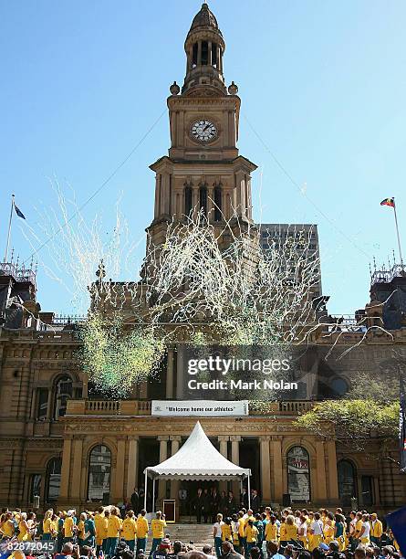 Streamers are released from Sydney Town Hall during a welcome home parade for the Beijing 2008 Olympic Athletes on George Street on September 15,...