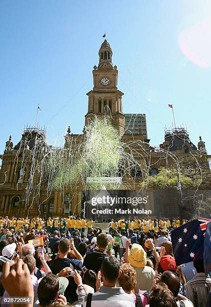 Streamers are released from Sydney Town Hall during a welcome home parade for the Beijing 2008 Olympic Athletes on George Street on September 15,...