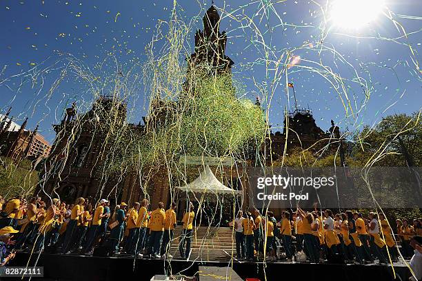 Streamers are released from Sydney Town Hall during a welcome home parade for the Beijing 2008 Olympic Athletes on George Street on September 15,...