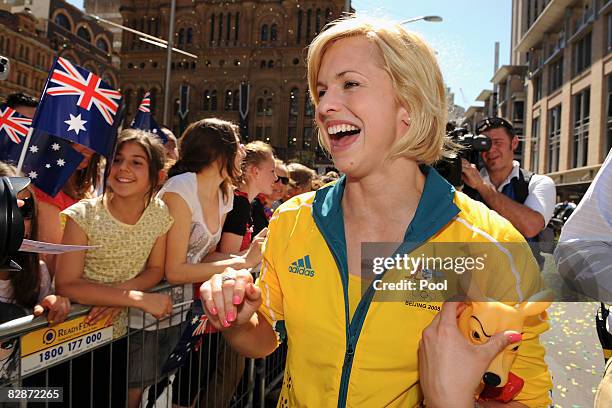Olympic medallist Libby Trickett greets fans during a welcome home parade for the Beijing 2008 Olympic Athletes on George Street on September 15,...