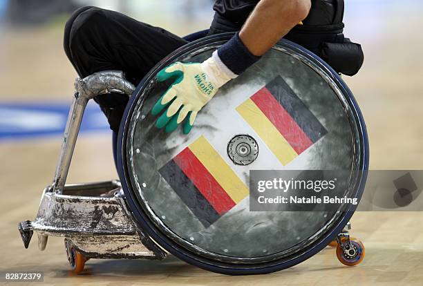 Detail of german flags on the wheels of a player's chair in the Wheelchair Rugby match between Germany and Japan at Beijing Science and Technology...