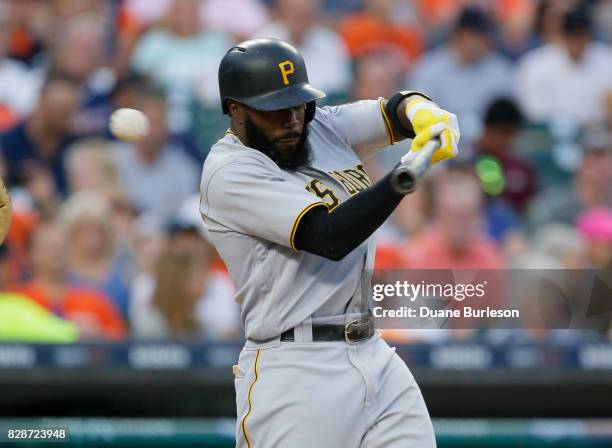 Josh Harrison of the Pittsburgh Pirates swings at a pitch from Justin Verlander of the Detroit Tigers for a strike during the fourth inning of an...