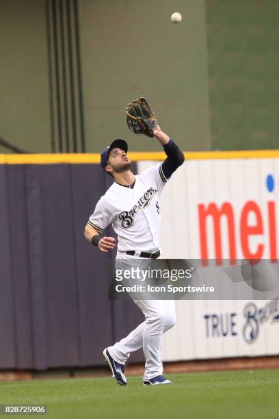 Milwaukee Brewers left fielder Ryan Braun catches a ball during a game between the Milwaukee Brewers and the Minnesota Twins at Miller Park on August...