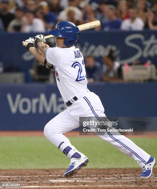 Norichika Aoki of the Toronto Blue Jays hits a single in the sixth inning during MLB game action against the New York Yankees at Rogers Centre on...