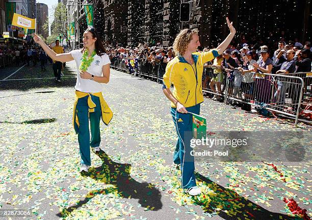 Australian Olympic Athletes wave to the crowd during a welcome home parade for the Beijing 2008 Olympic Athletes on George Street on September 15,...