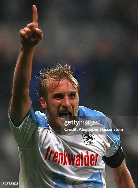 Daniel Bierofka of Muenchen celebrates scoring the fisrt goal during the Second Bundesliga match between TSV 1860 Muenchen and MSV Duisburg at the...