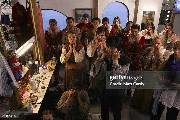 Members of Cambridge University's Gilbert and Sullivan Society warm up and rehearse their lines backstage as they perform 'The Yeomen Of The Guard'...