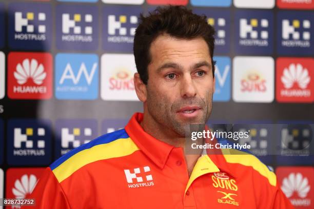 Interim coach Dean Solomon speaks to media during a Gold Coast Suns AFL press conference at Metricon Stadium on August 10, 2017 in Gold Coast,...