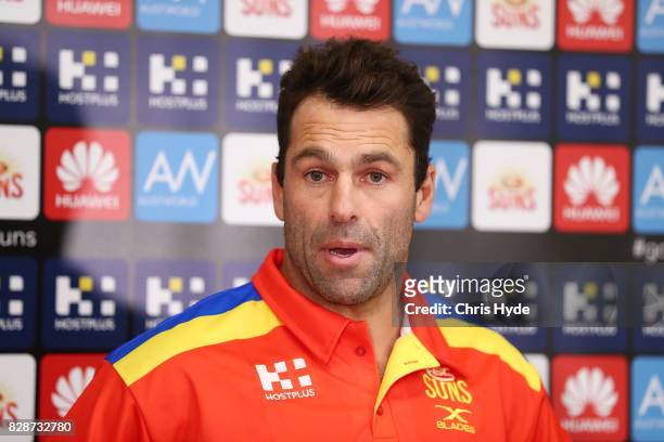Interim coach Dean Solomon speaks to media during a Gold Coast Suns AFL press conference at Metricon Stadium on August 10, 2017 in Gold Coast,...