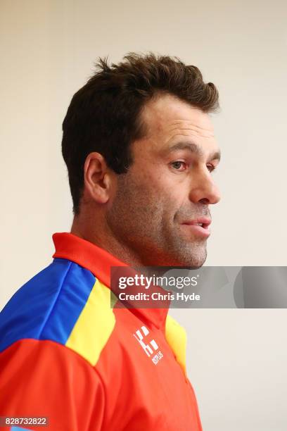 Interim coach Dean Solomon speaks to media during a Gold Coast Suns AFL press conference at Metricon Stadium on August 10, 2017 in Gold Coast,...