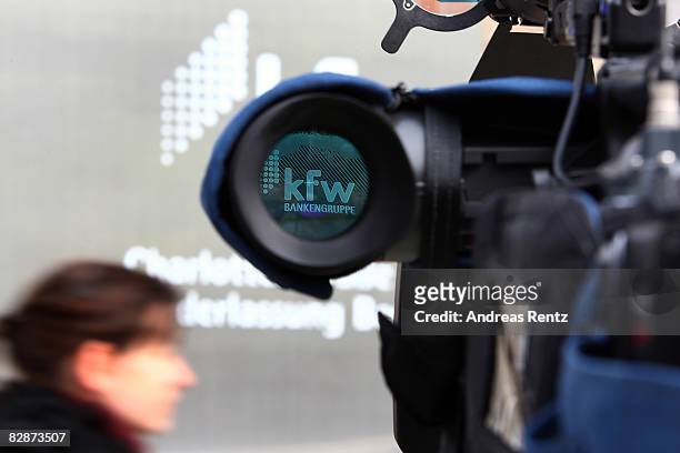 The company logo of the German government-owned development bank KfW is seen trough a video ocular on September 18, 2008 in Berlin, Germany. The...