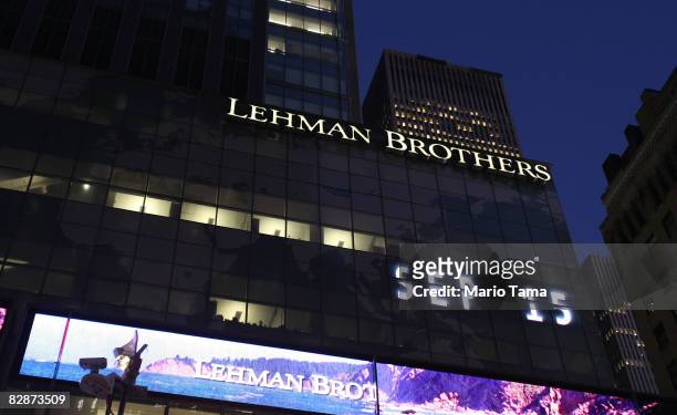 The Lehman Brothers' name is illuminated at the headquarters of Lehman Brothers Holdings Inc. September 15, 2008 in New York City. Lehman Brothers...