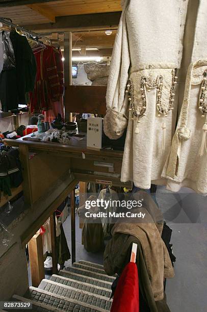 Members of Cambridge University's Gilbert and Sullivan Society get ready backstage as they perform 'The Yeomen Of The Guard' at the Minack Theatre's...