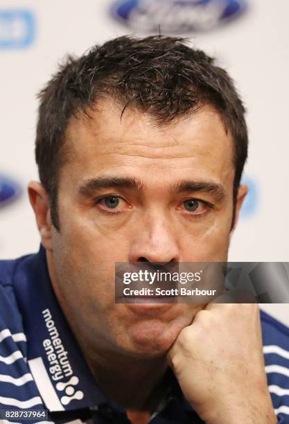 Chris Scott, coach of the Cats speaks to the media during a Geelong Cats AFL training session at Simonds Stadium on August 10, 2017 in Geelong,...