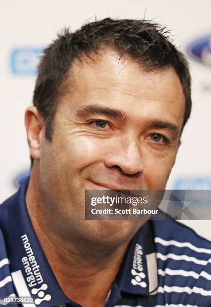 Chris Scott, coach of the Cats speaks to the media during a Geelong Cats AFL training session at Simonds Stadium on August 10, 2017 in Geelong,...