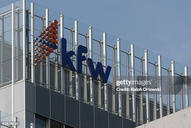 Huge company logo is mounted at the headquarters of German state-owned development bank KfW Group on September 18, 2008 in Frankfurt am Main,...