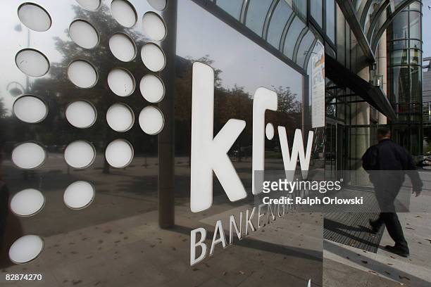Man enters the headquarters of German state-owned development bank KfW Group on September 18, 2008 in Frankfurt am Main, Germany. The KfW bank payed...