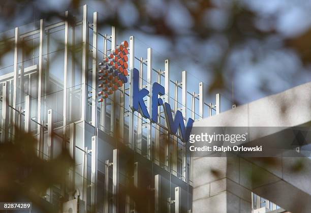 Huge company logo of German state-owned development bank KfW Group is pictured behind unsharp sleeves on September 18, 2008 in Frankfurt am Main,...