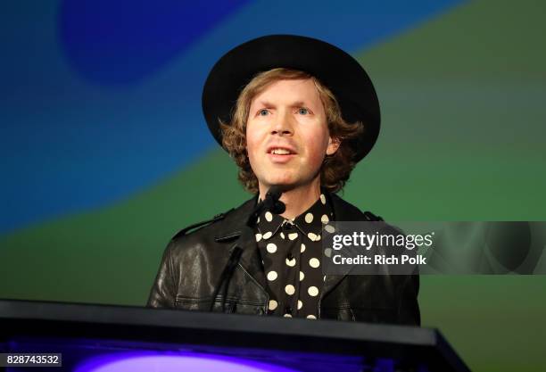 Recording artist Beck speaks onstage during Capitol Music Group's Premiere Of New Music And Projects For Industry And Media at ArcLight Cinemas on...