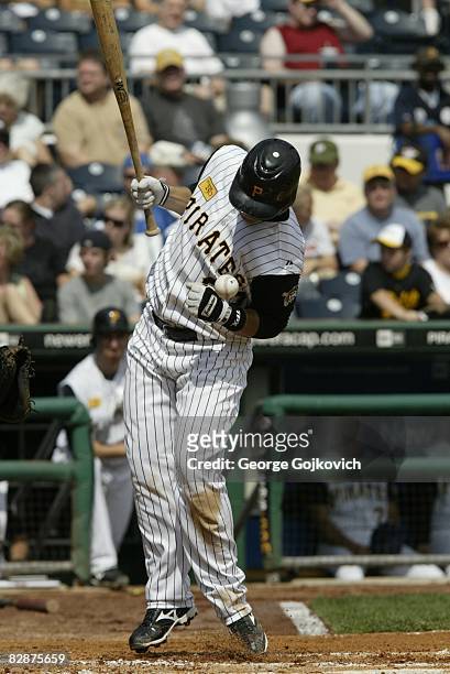 Shortstop Luis Cruz of the Pittsburgh Pirates is hit by a pitch thrown by pitcher Brad Thompson of the St. Louis Cardinals during a game at PNC Park...