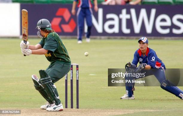 South Africa's Cri-Zelda Brits hits a ball towards England's Jane Smith during their NatWest Women's Series match at Sophia Gardens in Cardiff Sunday...