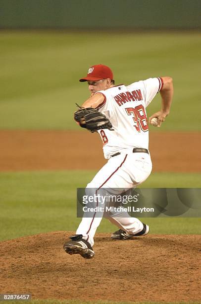 Joel Hanrahan of the Washington Nationals pitches during a baseball game against the Philadelphia Phillies on September 3, 2008 at Nationals Park in...