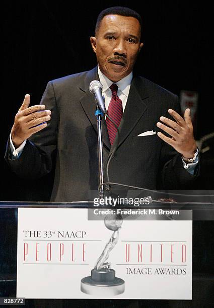 President of the NAACP Kweisi Mfume speaks during the 33rd NAACP Image Awards Nominee Luncheon at the House of Blues January 26, 2002 in Los Angeles,...