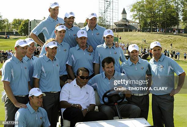 Team Europe poses with boxing legend Muhammad Ali during the practice round for the 37th Ryder Cup at Valhalla Golf Club in Louisville, Kentucky...