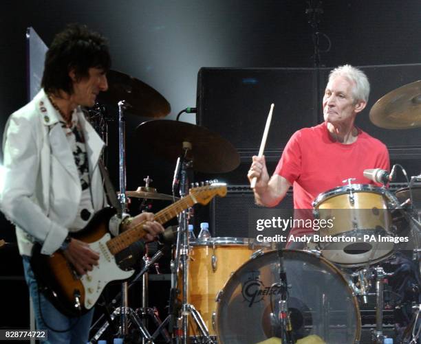 Ronnie Wood and Charlie Watts of the Rolling Stones perform at Wembley Arena, west London, as part of the band's Forty Licks world tour. 02/10/04:...