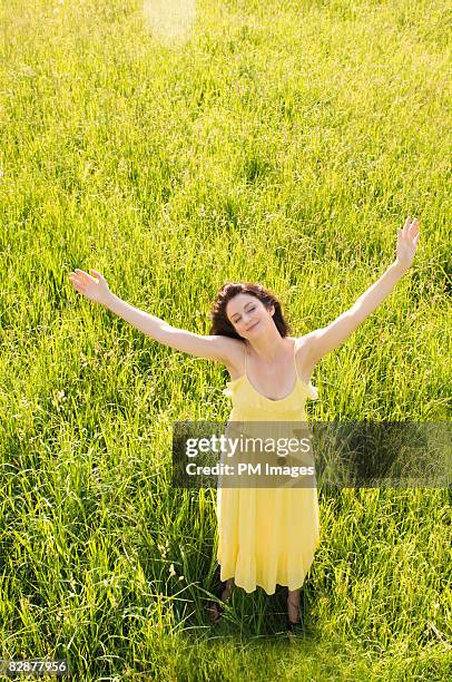 young woman standing in hayfield - 腕を広げる ストックフォトと画像