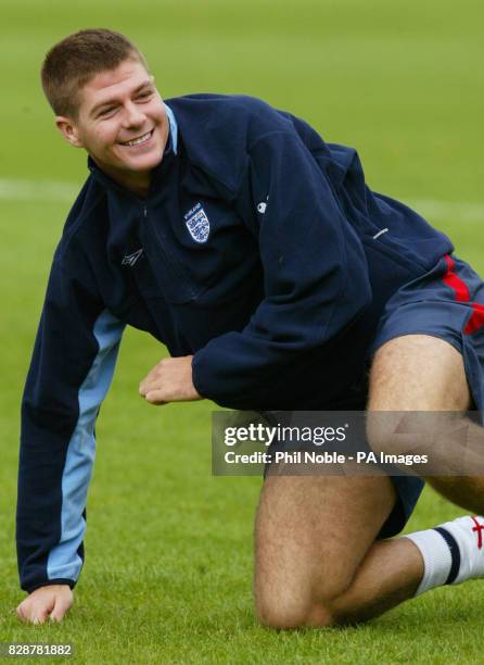 England midfielder Steven Gerrard smiles during a training session at the Cliff training complex in Manchester, ahead of the team's Euro 2004...