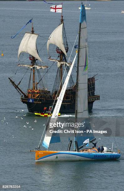 Ellen MacArthur's yacht Kingfisher and the replica of the Golden Hinde sail into the Southampton Boat Show in the city. The yachting spectacular...