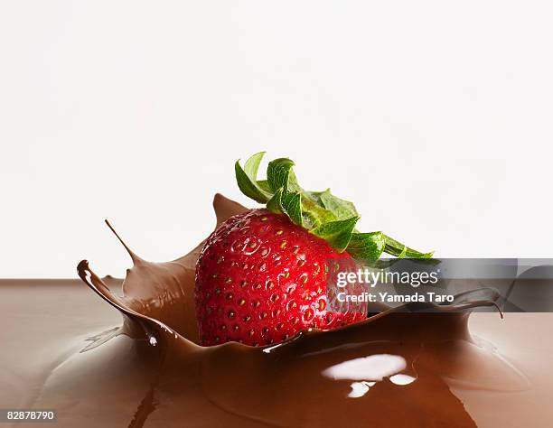 a strawberry falling into chocolate - strawberry falling stock-fotos und bilder