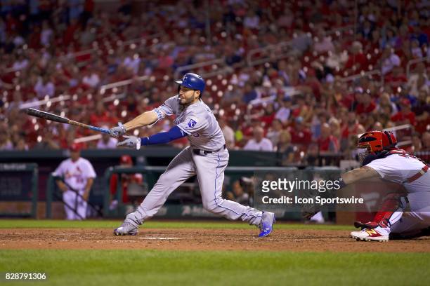 Kansas City Royals first baseman Eric Hosmer reaches for the ball against the St. Louis Cardinals during a MLB baseball game between the St. Louis...
