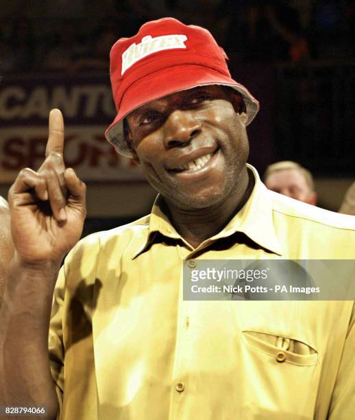 Former World Heavyweight Champion Frank Bruno gives his jokey look at the camera after he offers to be Audley Harrison's next opponent, at York Hall,...