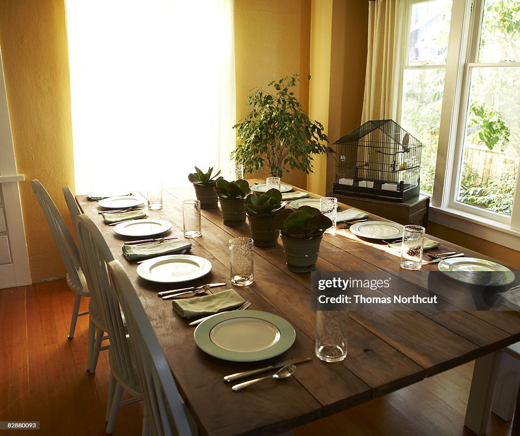 Table setting in light filled dining room