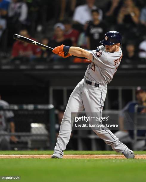 Houston Astros left fielder Derek Fisher hits a home run in the eighth inning during a game between the Houston Astros and the Chicago White Sox on...