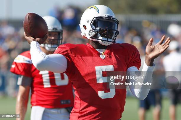 Cardale Jones of the Los Angeles Chargers throws a pass during a combined practice with the Los Angeles Rams at Crawford Field on August 9, 2017 in...