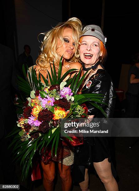 Pamela Anderson and Vivienne Westwood pose backsatage at the Vivienne Westwood Red Label show at London Fashion Week Spring/Summer 2009 on September...