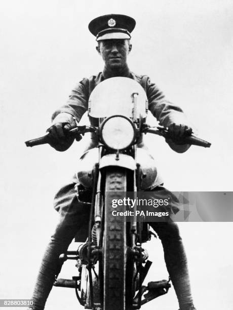 Aircraftsman Thomas Edward Shaw on his motorcycle; a Brough Superior SS100. Shaw was better known as Lt Col T.E. Lawrence or 'Lawrence of Arabia - A...